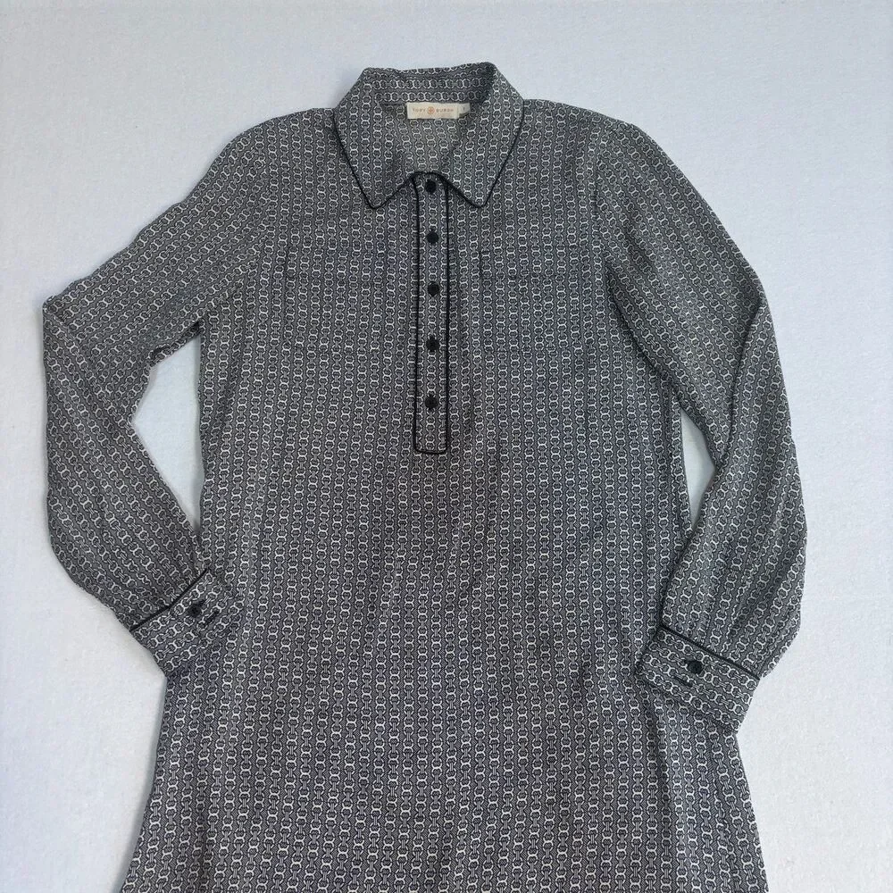 TORY BURCH Christelle 100% Silk Dress Womens 6 Navy Blue Chain Print Long Sleeve